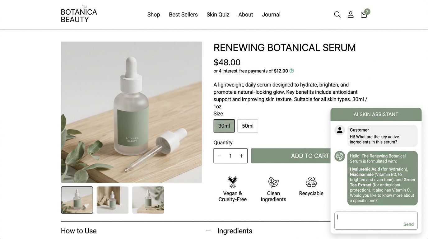 Dori PDP Pal answering a customer question about serum ingredients on a Shopify product page