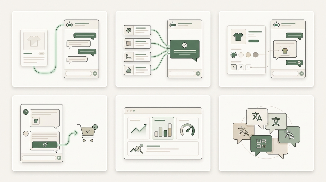 Six features that define a Shopify product page chatbot: product context, grounded answers, variant awareness, add-to-cart from chat, question analytics, multilingual support