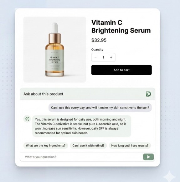 Dori Product Pal AI chatbot answering product questions on a Shopify product page