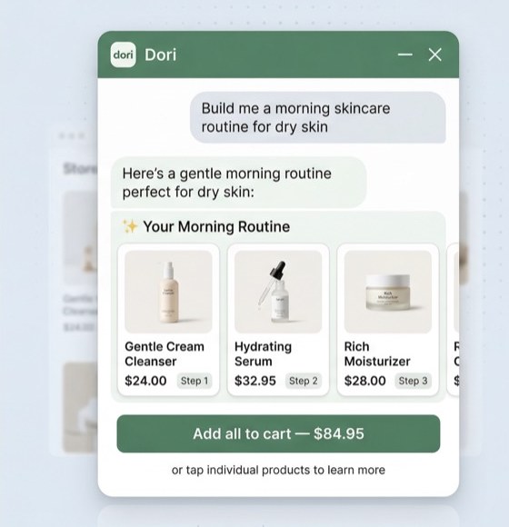 Dori Sidekick AI shopping assistant building a skincare routine with product recommendations