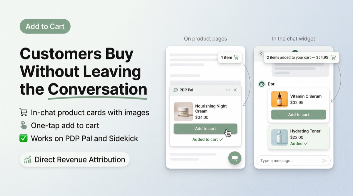 Dori AI chatbot with in-chat add to cart functionality showing product cards