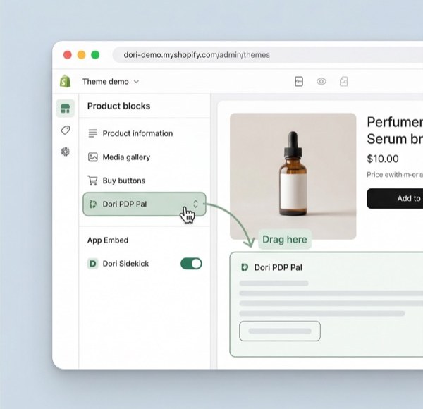 Dori easy 3-step setup process in Shopify theme editor with drag and drop