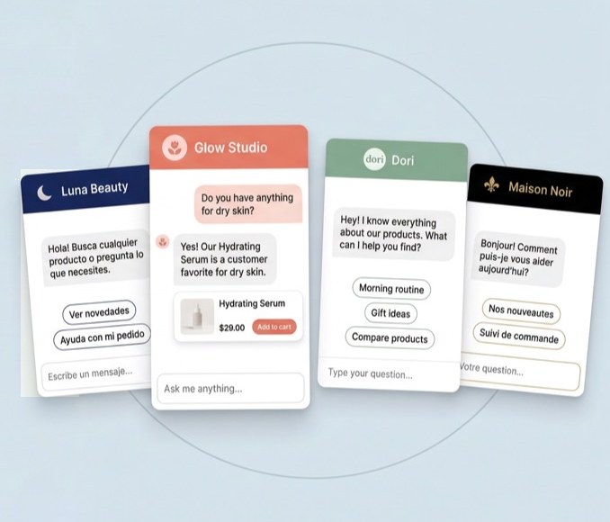 Dori brand customization panel showing multiple themed chat widgets in different languages